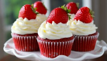 Vörösbársony muffin mascarponés krémmel és eperrel